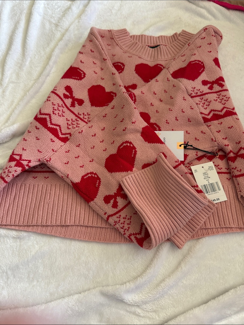 NWT Pink & Red Heart Pattern Crewneck Sweater